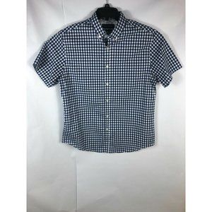 Denim Flower Slim Fit Men's Large  Short Sleeve Button Up Blue White Shirt A1